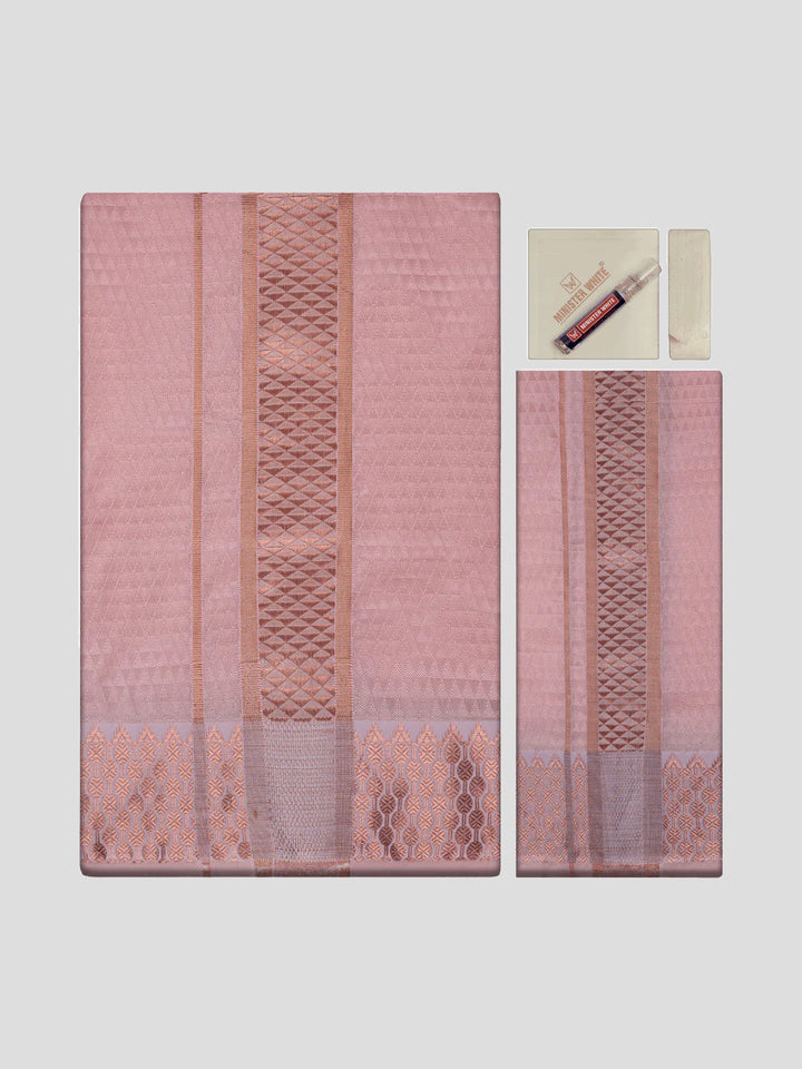 Men's Art Silk Pink Jacquard Full Sleeves Shirt with 2 1/2"  Copper Jari Border & Towel Dhoti Combo Nautica