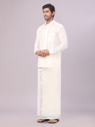 Men's Art Silk Cream Full Sleeves Shirt with Fancy Jari Border Dhoti Combo Finesse side pose