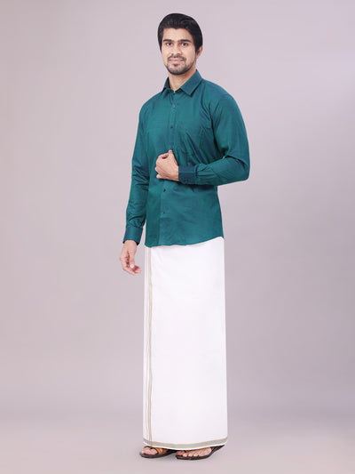 Men's Teal Green Shirt with Matching Border Dhoti Combo Pinto side pose