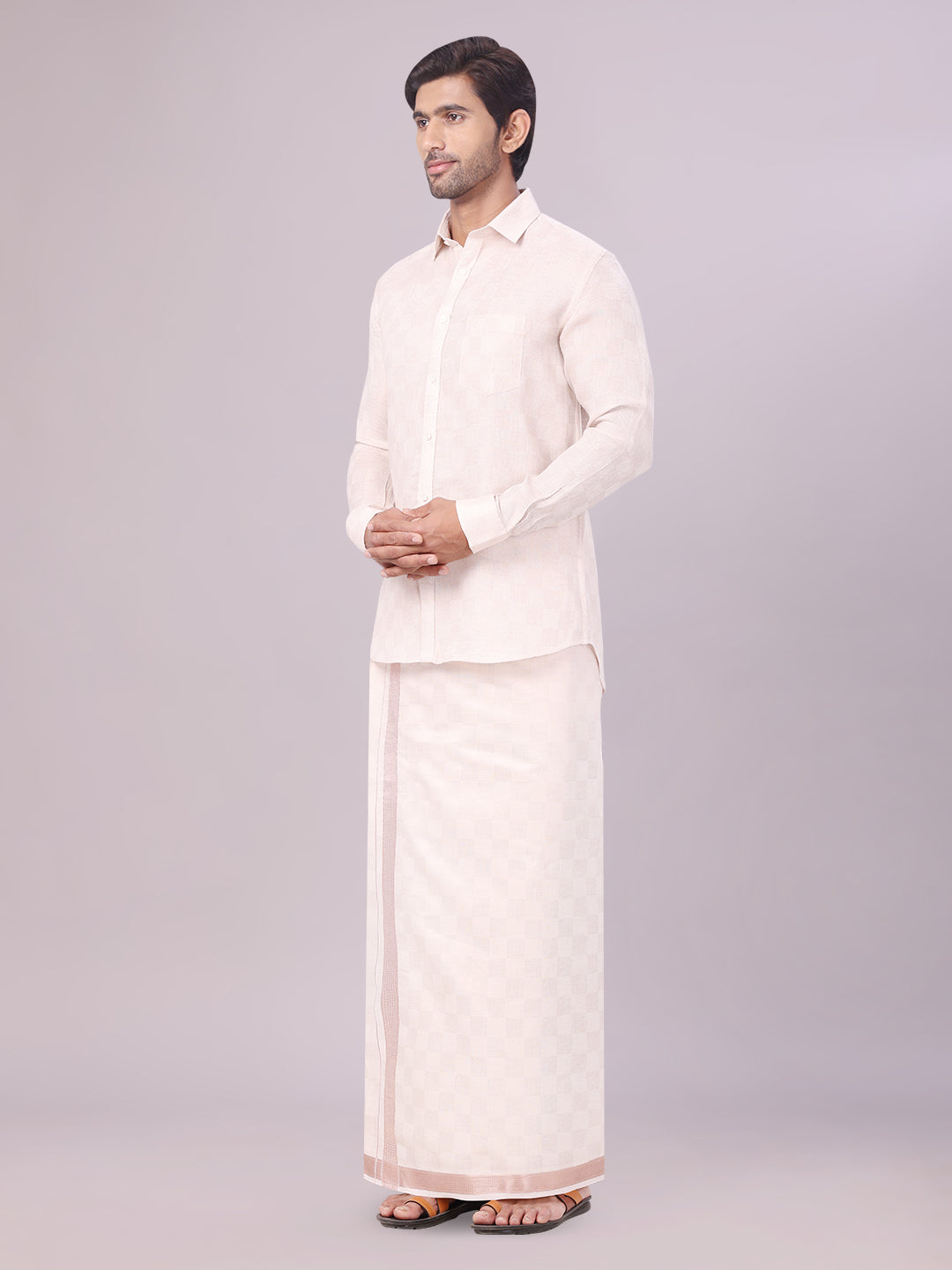 Mens Almond Tissue Jacquard Shirt with Matching Dhoti Combo Zeus