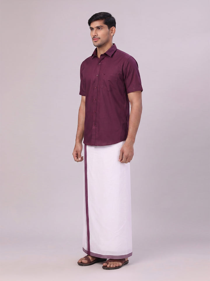 Mens Dark Wine Color Shirt with Matching Border Dhoti Combo Casper