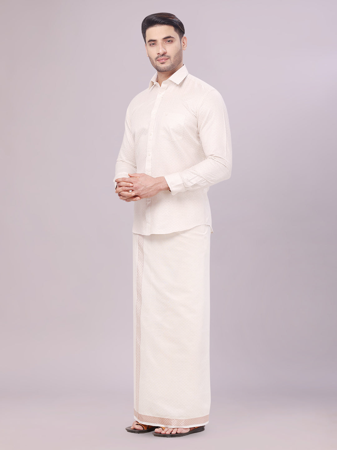 Mens Almond Tissue Jacquard Shirt with Matching Dhoti Combo Zeebra side pose