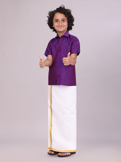 Boys Art Silk Purple Half Sleeves Shirt with Gold Jari Flexi Dhoti Towel Combo side pose