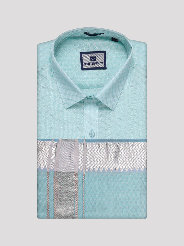 Mens Art Silk Sea Green Full Sleeves Shirt with 2 1/2" Silver Jari Border Dhoti Combo Nautica