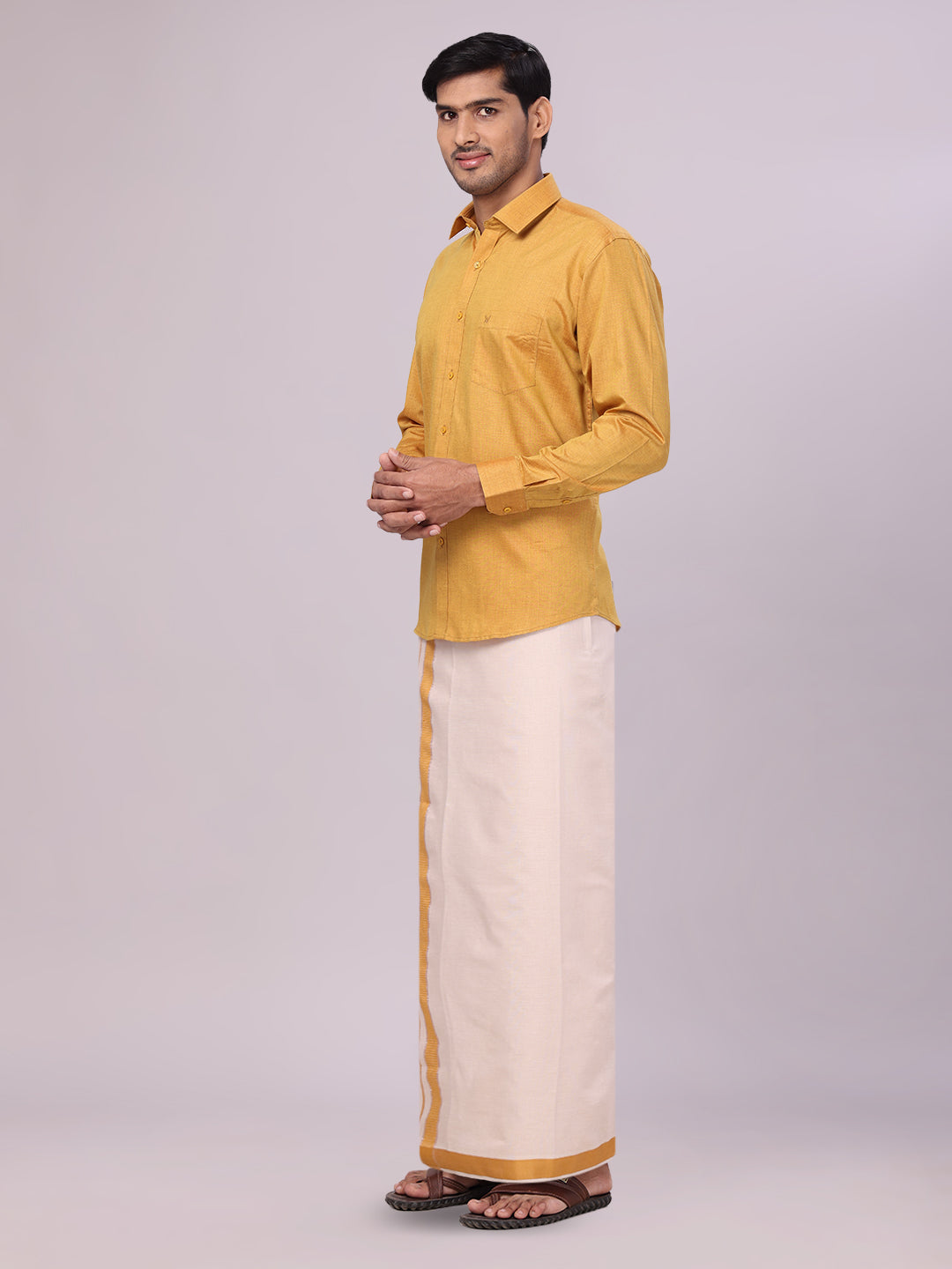 Mens Cotton Mustard Shirt with Tissue Matching Border Flexi Dhoti Wedding Combo Kandala