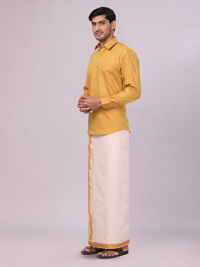 Mens Cotton Mustard Shirt with Tissue Matching Border Flexi Dhoti Wedding Combo Kandala