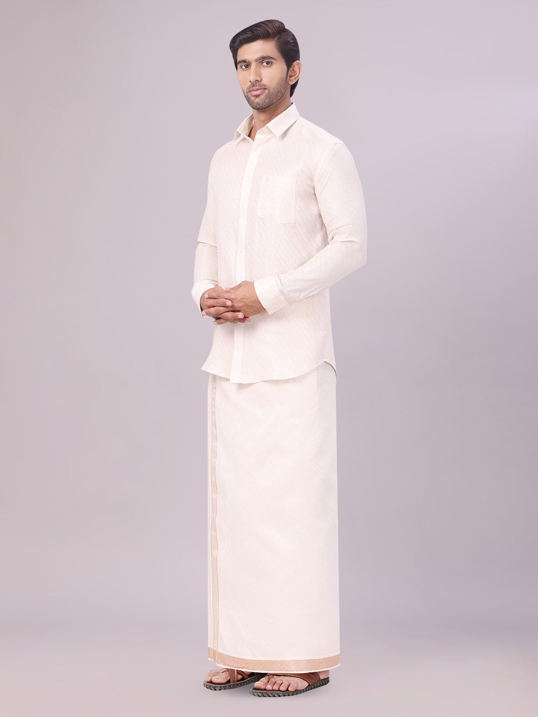 Men's Light Copper Tissue Jacquard Shirt with Matching Dhoti Combo Zeus side pose