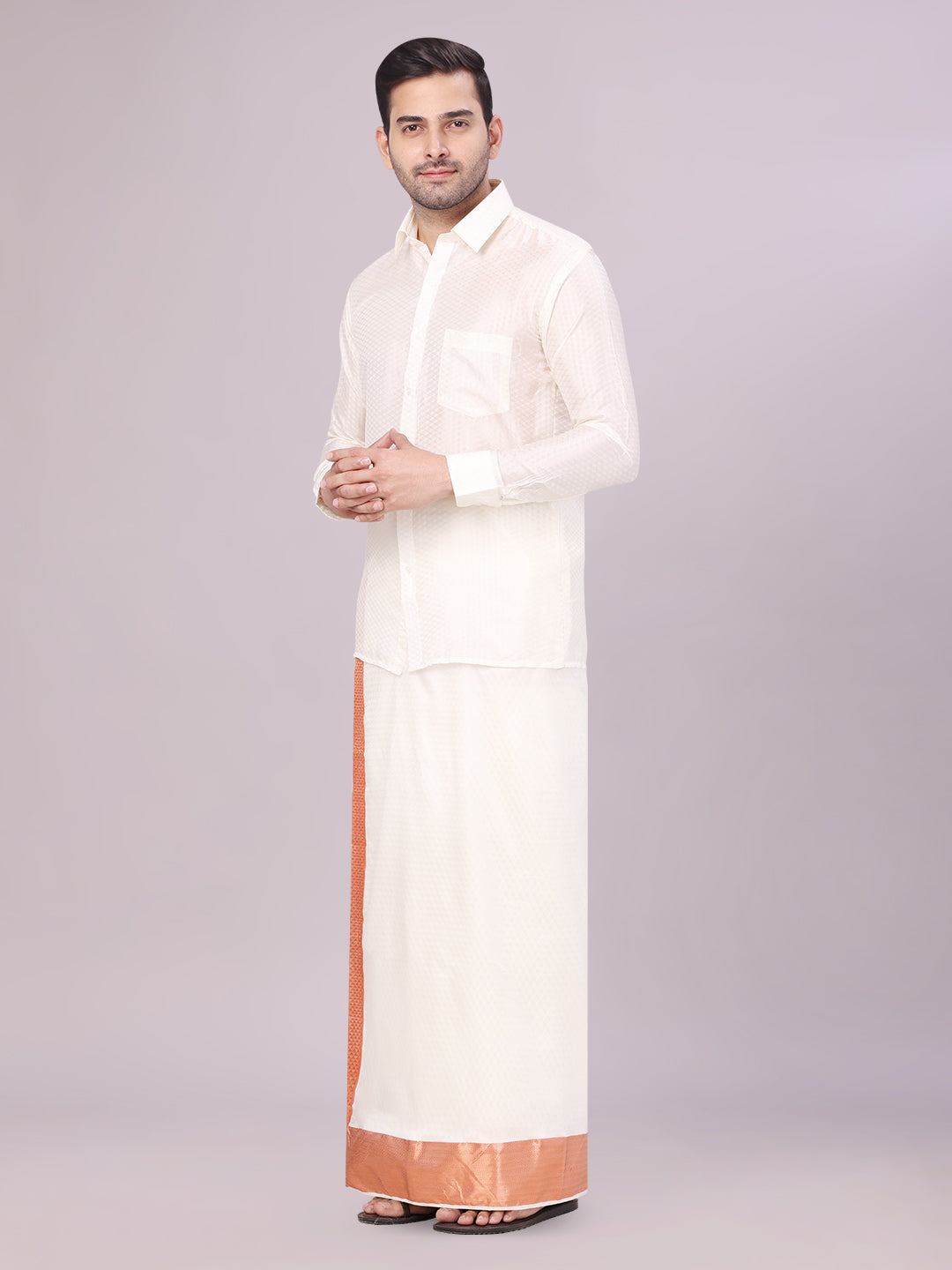 Men's Art Silk Cream Full Sleeves Shirt with 4" Copper Jari Border Dhoti Combo Neogen side pose