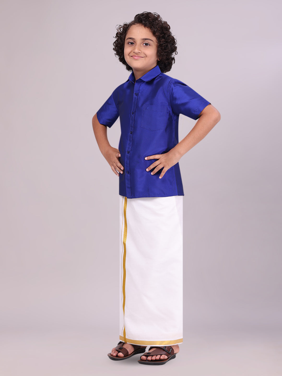 Boys Art Silk Violet Half Sleeves Shirt with Gold Jari Flexi Dhoti Towel Combo side pose