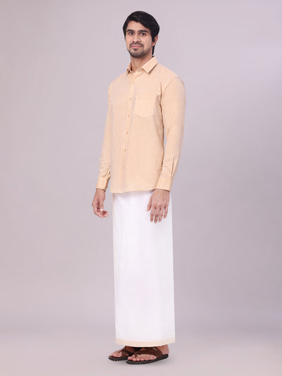 Men's Sandal Color Cotton Shirt with Matching Border Dhoti Combo side pose