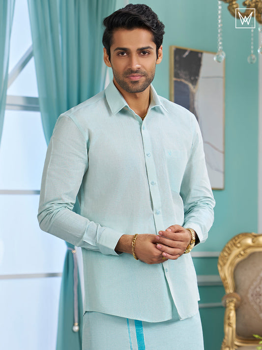 Mens Mint Blue Colour Tissue Shirt Lavish by Minister White