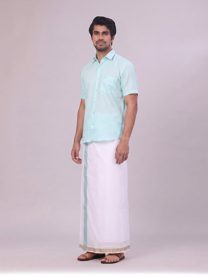 Men's Sea Green Shirt with Matching jacquard Weave Border Dhoti Combo Marsh