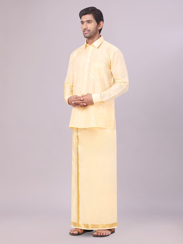 Mens Art Silk Light Gold Full Sleeves Shirt with Gold Jari Border Dhoti & Towel Combo Blush