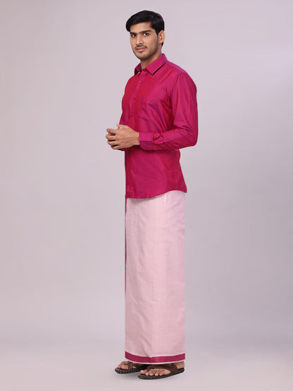 Father Magenta Color Cotton Shirt with Matching Border Tissue Dhoti Combo side pose
