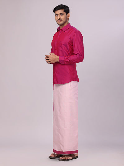 Father Magenta Color Cotton Shirt with Matching Border Tissue Dhoti Combo side pose