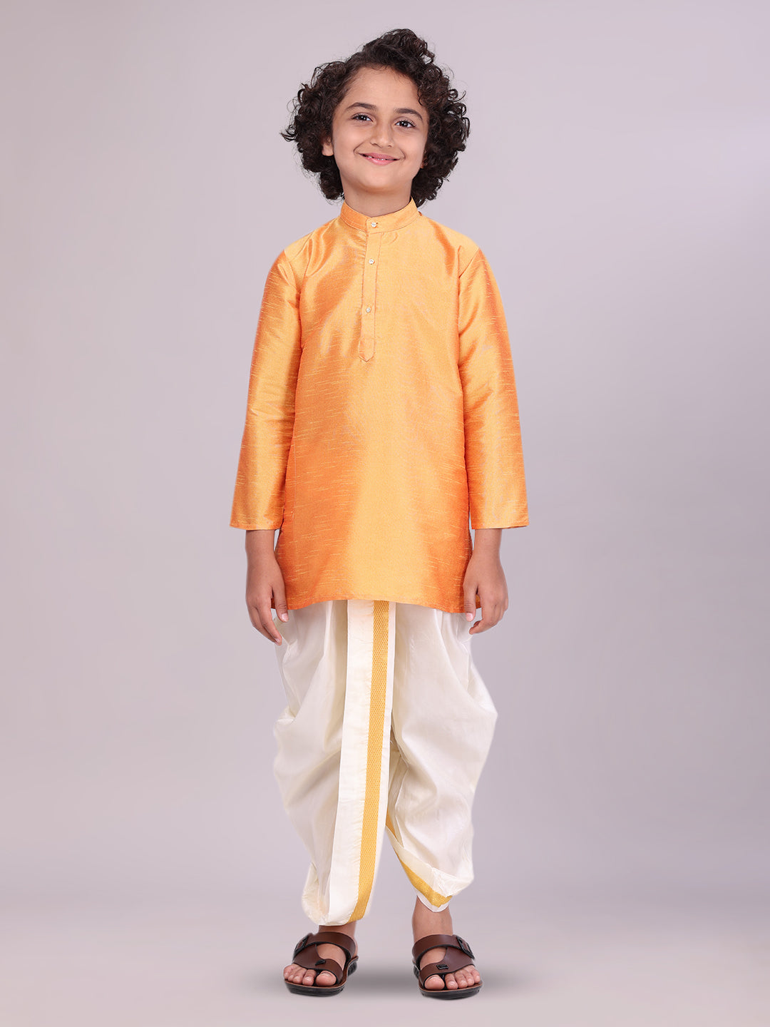 Boys Orange Colour Kurtha with Gold Jari Panchakacham Combo 