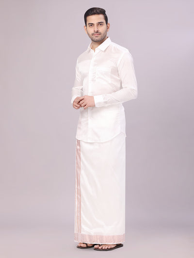 Men's Art Silk Half White Full Sleeves Shirt with 2 1/2" Copper Jari Border Dhoti Combo Neogen side pose