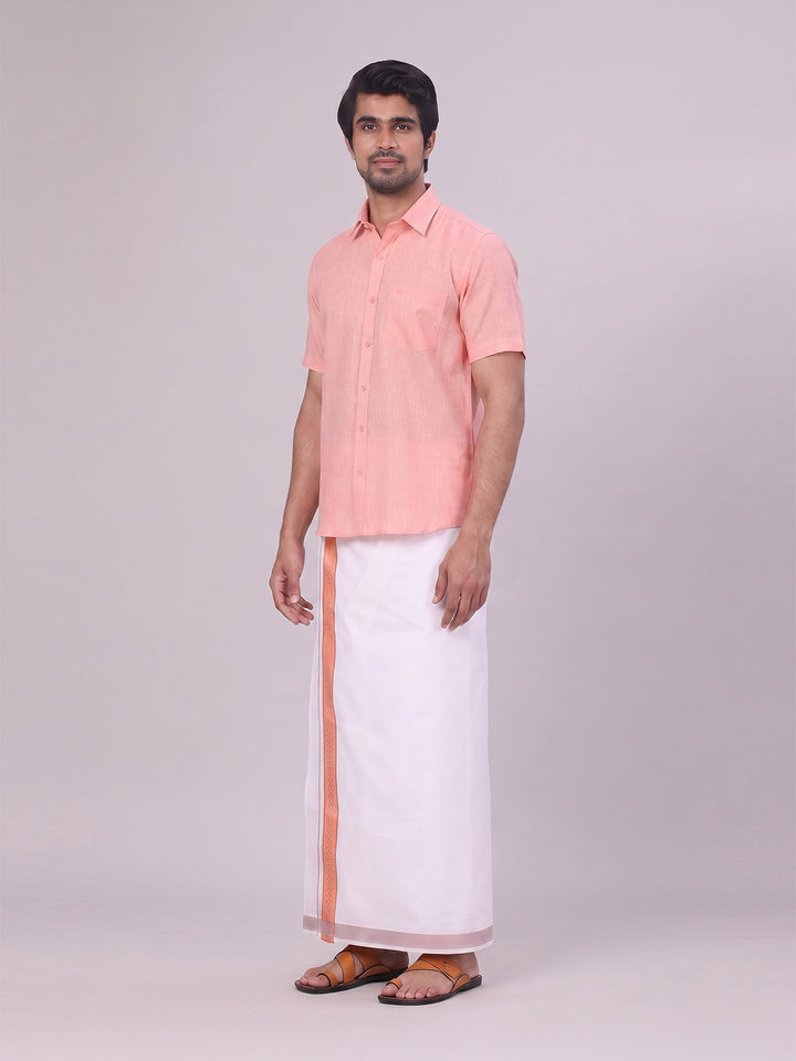 Mens Coral Pink Shirt with Matching jacquard Weave Border Dhoti Combo Marsh