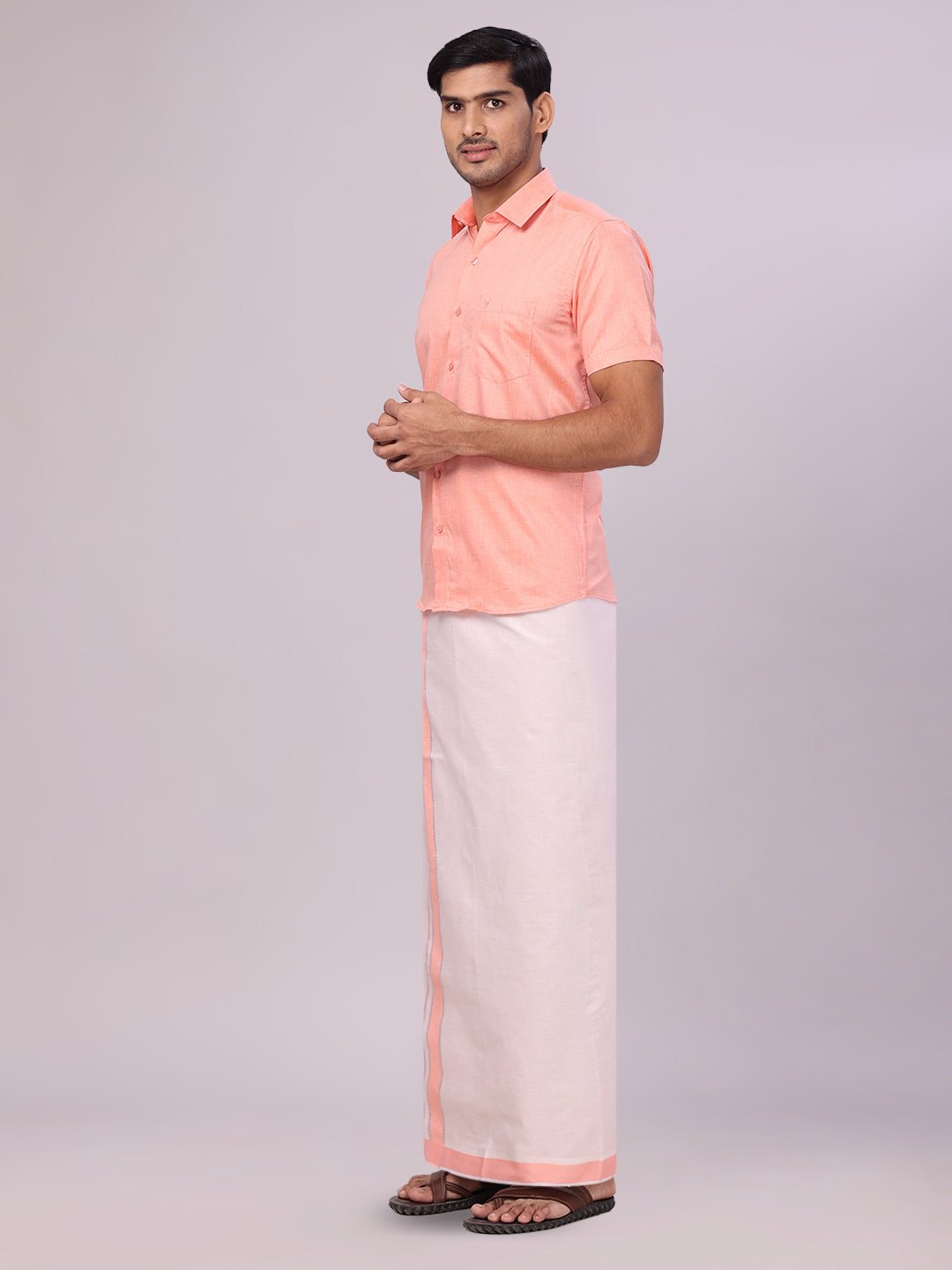 Men's Cotton Peach Shirt with Tissue Matching Border Dhoti Wedding Combo Kandala side pose