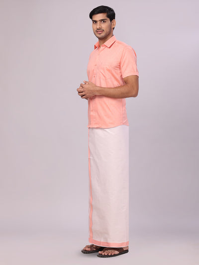 Mens Cotton Peach Shirt with Tissue Matching Border Dhoti Wedding Combo Kandala