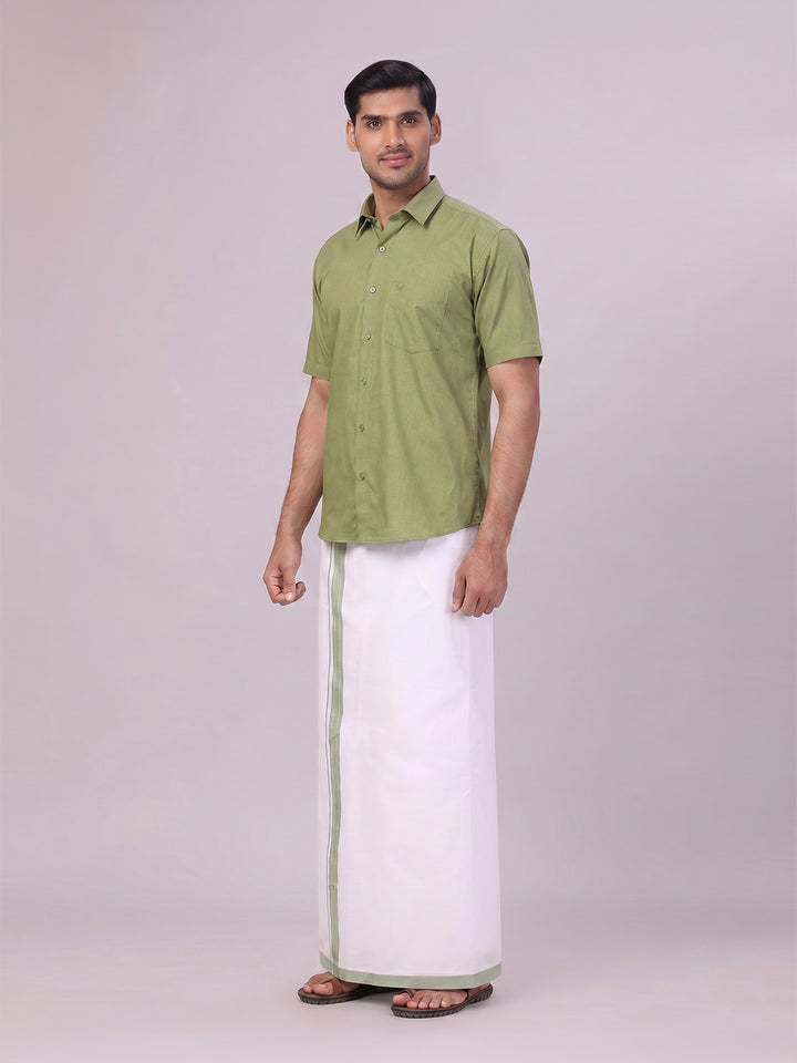 Mens Light Green Color Shirt with Matching Border Dhoti Combo Casper