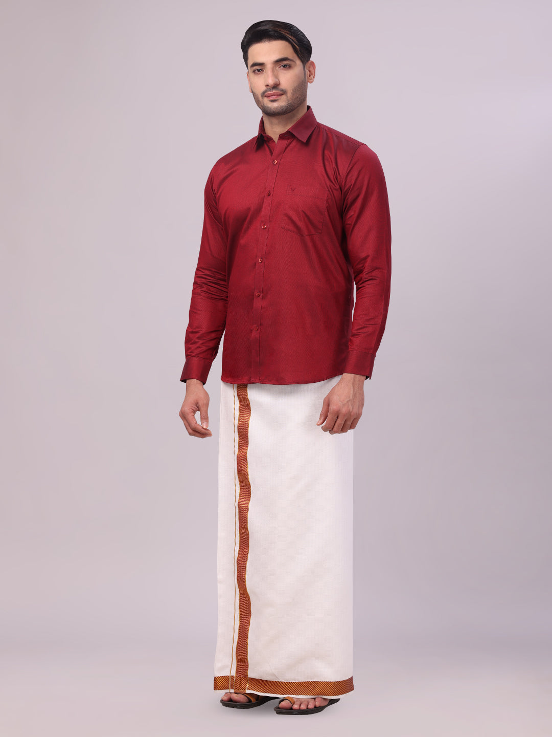 Mens Cotton Maroon Shirt and Airtex Matching Border Dhoti Combo Nector