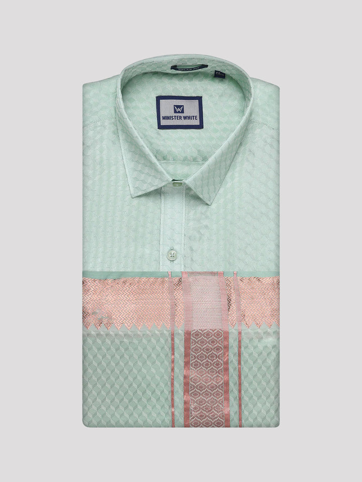 Men's Art Silk Pista Full Sleeves Shirt with 2 1/2" Copper Jari Border Dhoti Combo Nautica