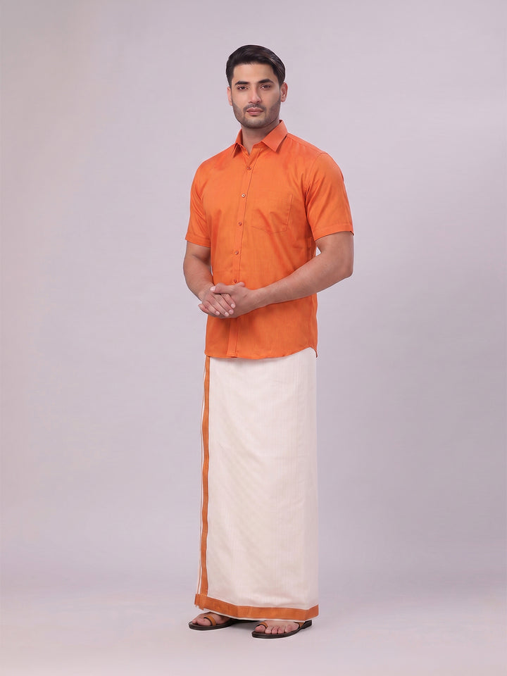 Men's Cotton Brick Shirt and Airtex Matching Border Dhoti Combo Nector
