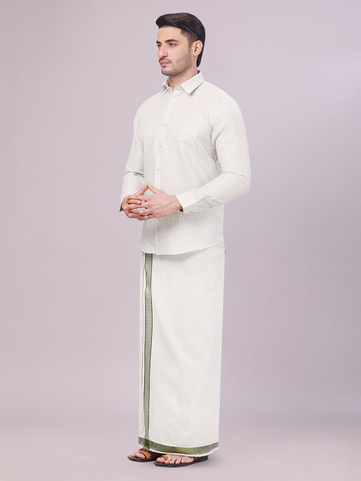 Mens Olive Green Colour Jacquard Shirt with Matching Flexi Dhoti Combo Zeebra