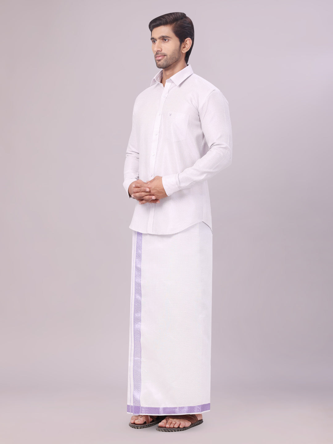 Men's Lavender Tissue Jacquard Shirt with Matching Dhoti Combo Zeus side pose