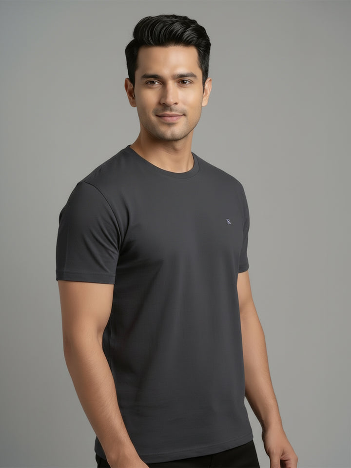 Men's Dark Grey Regular Fit Round Neck T-Shirt Crisper