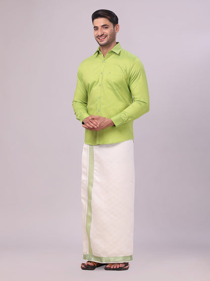 Men's Cotton Parrot Green Shirt and Airtex Matching Border Dhoti Combo Nector side pose