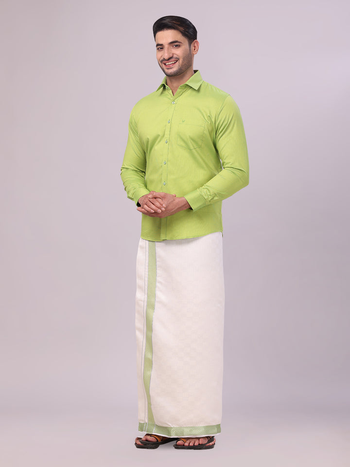 Men's Cotton Parrot Green Shirt and Airtex Matching Border Dhoti Combo Nector side pose