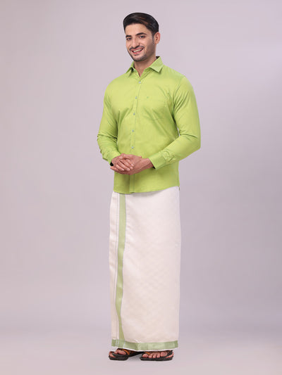 Mens Cotton Parrot Green Shirt and Airtex Matching Border Dhoti Combo Nector