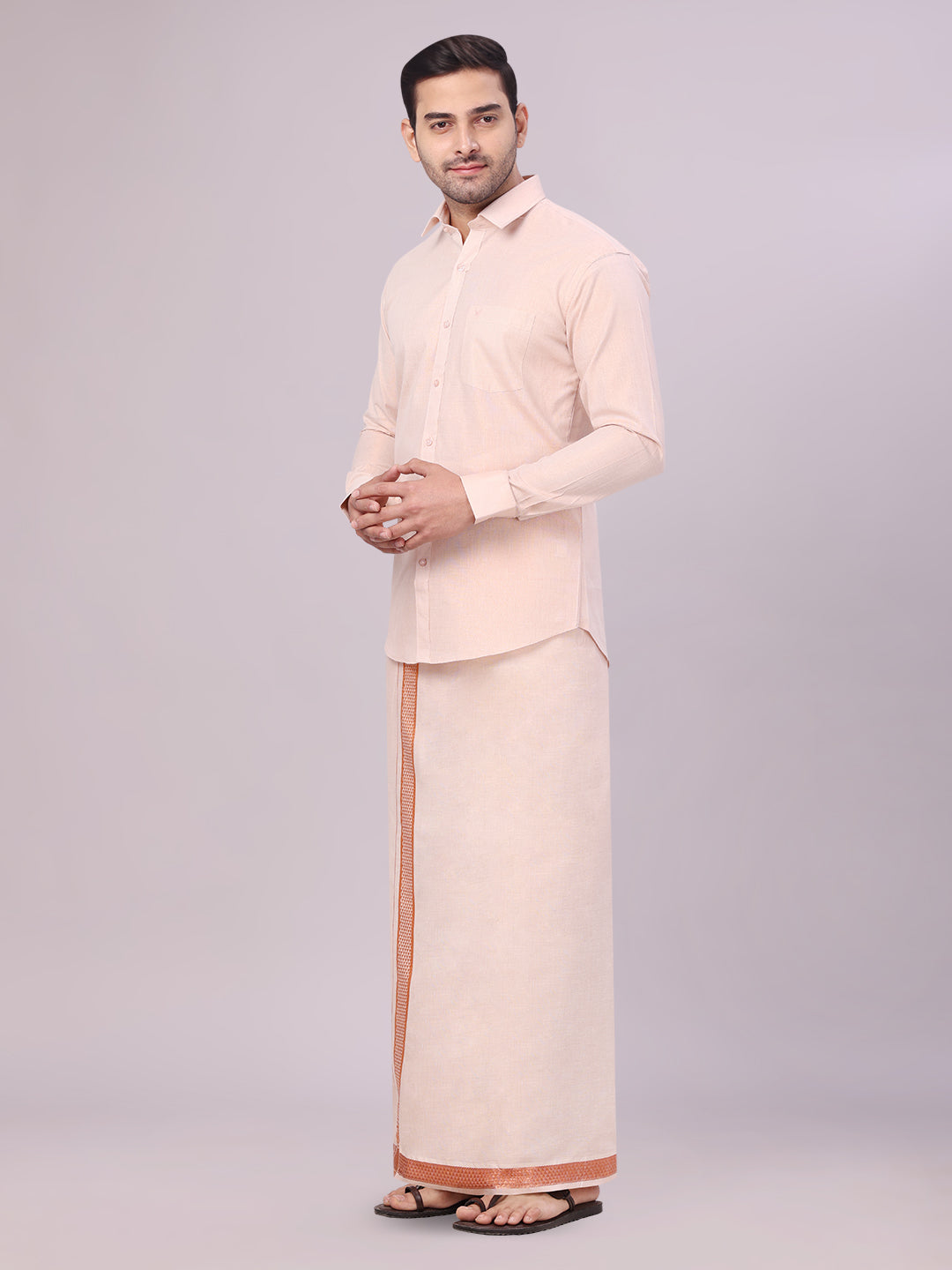 Mens Tissue Copper Shirt with Jacquard Fancy Border Dhoti Wedding Combo Nios