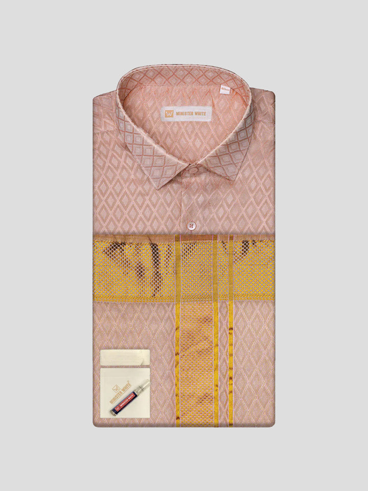 Men's Art Silk Pink Full Sleeves  Jacquard Shirt with 2 1/2" Gold Jari Border & Towel Dhoti Combo Spruce