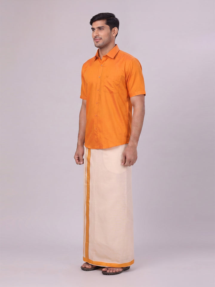 Mens Cotton Orange Shirt with Tissue Matching Border Dhoti Wedding Combo Kandala
