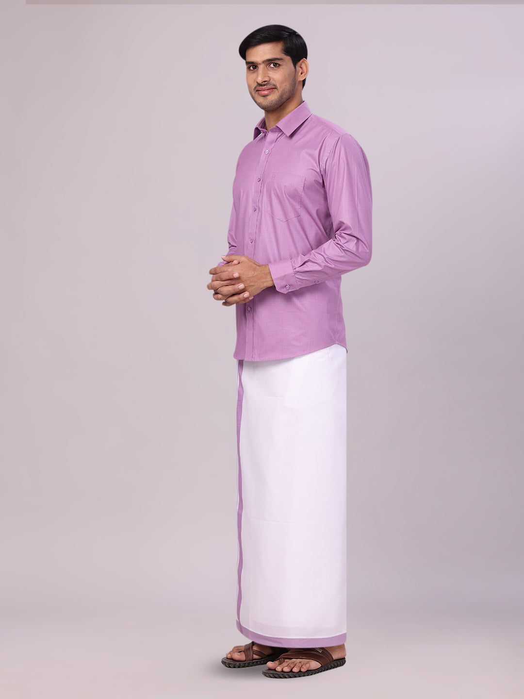 Men's Light Purple Shirt with Matching Border Flexi Dhoti Combo Casper Flexi side pose