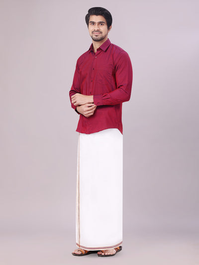 Men's Medium Wine Shirt with Matching Border Dhoti Combo Pinto side pose