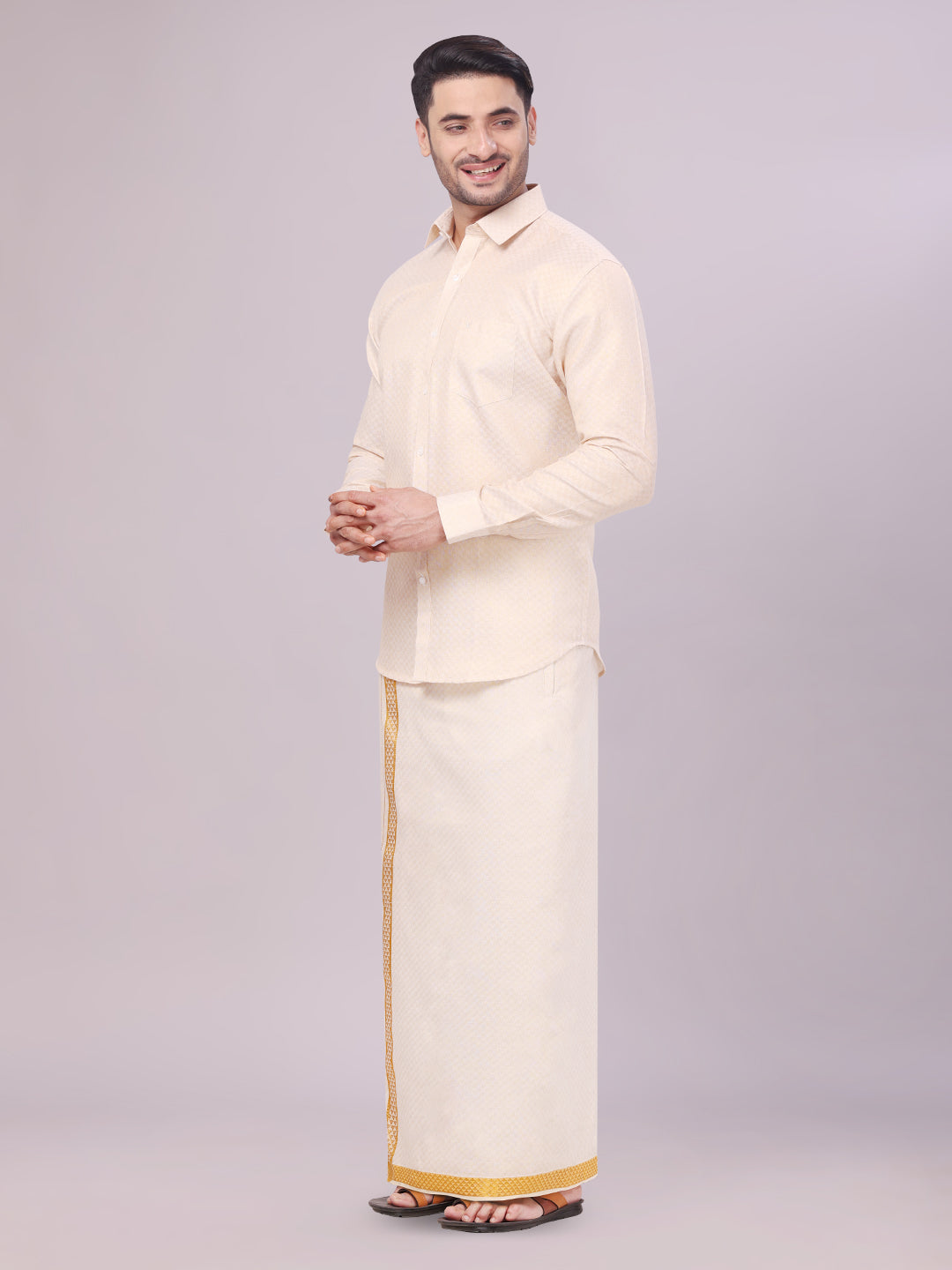 Men's Gold Tissue Jacquard Shirt with Matching Dhoti Combo Zeebra side pose