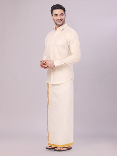 Men's Gold Tissue Jacquard Shirt with Matching Dhoti Combo Zeebra side pose