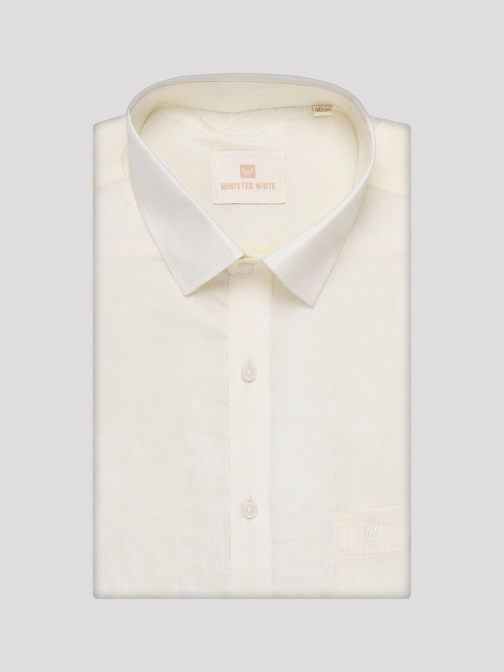 Men's Art Silk Cream Full Sleeves Shirt with 4" Gold Jari Border Dhoti Combo Mangal