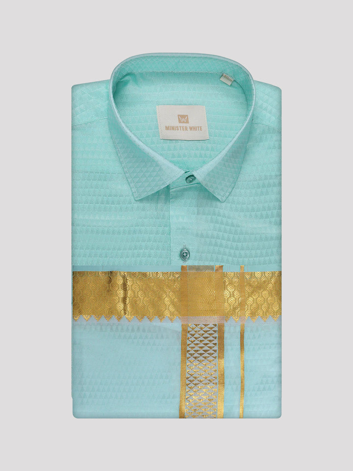 Mens Art Silk Mint Full Sleeves Shirt with 2 1/2" Gold Jari Border Dhoti Combo Nautica