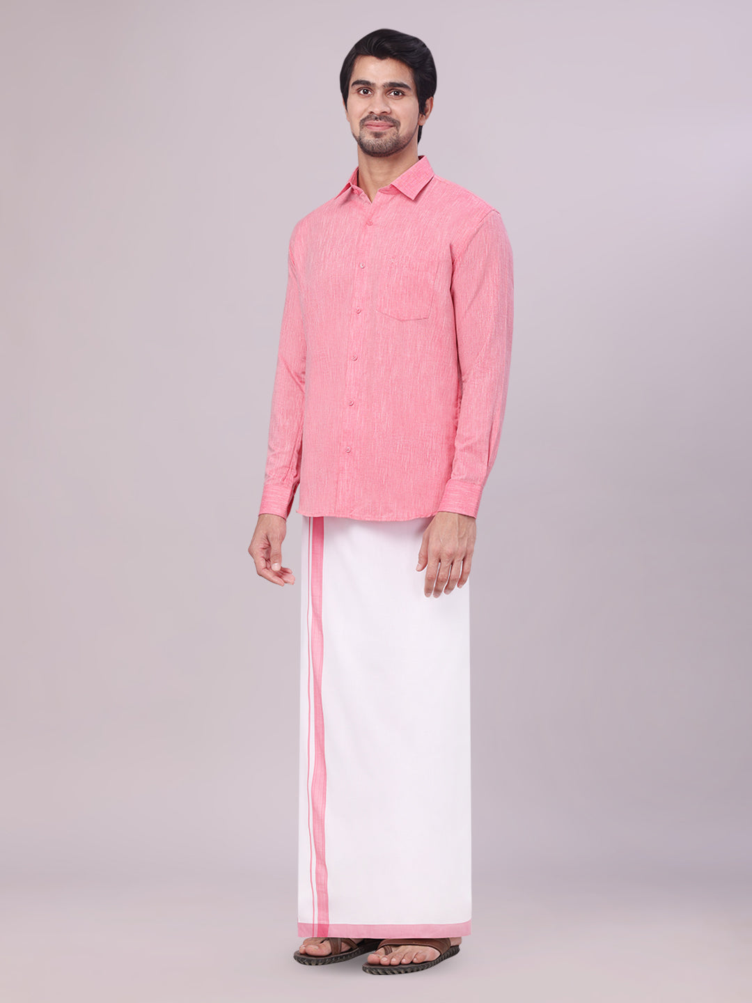 Men's Pink Colour Shirt with Matching Fancy Border Dhoti Combo Lemax side pose