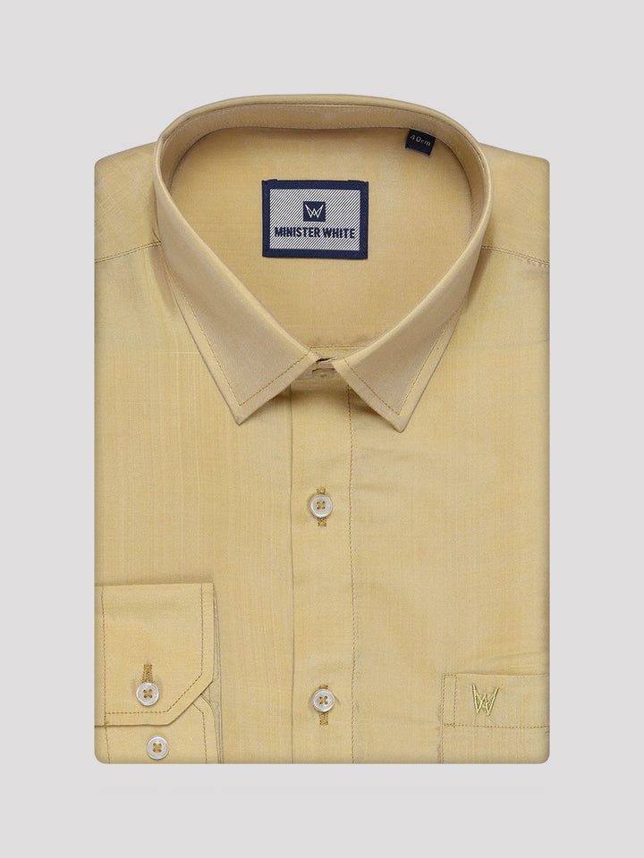 Mens Art Silk Mango Gold Full Sleeves Shirt with 3 1/2" Gold Jari Border Dhoti Combo Mangal