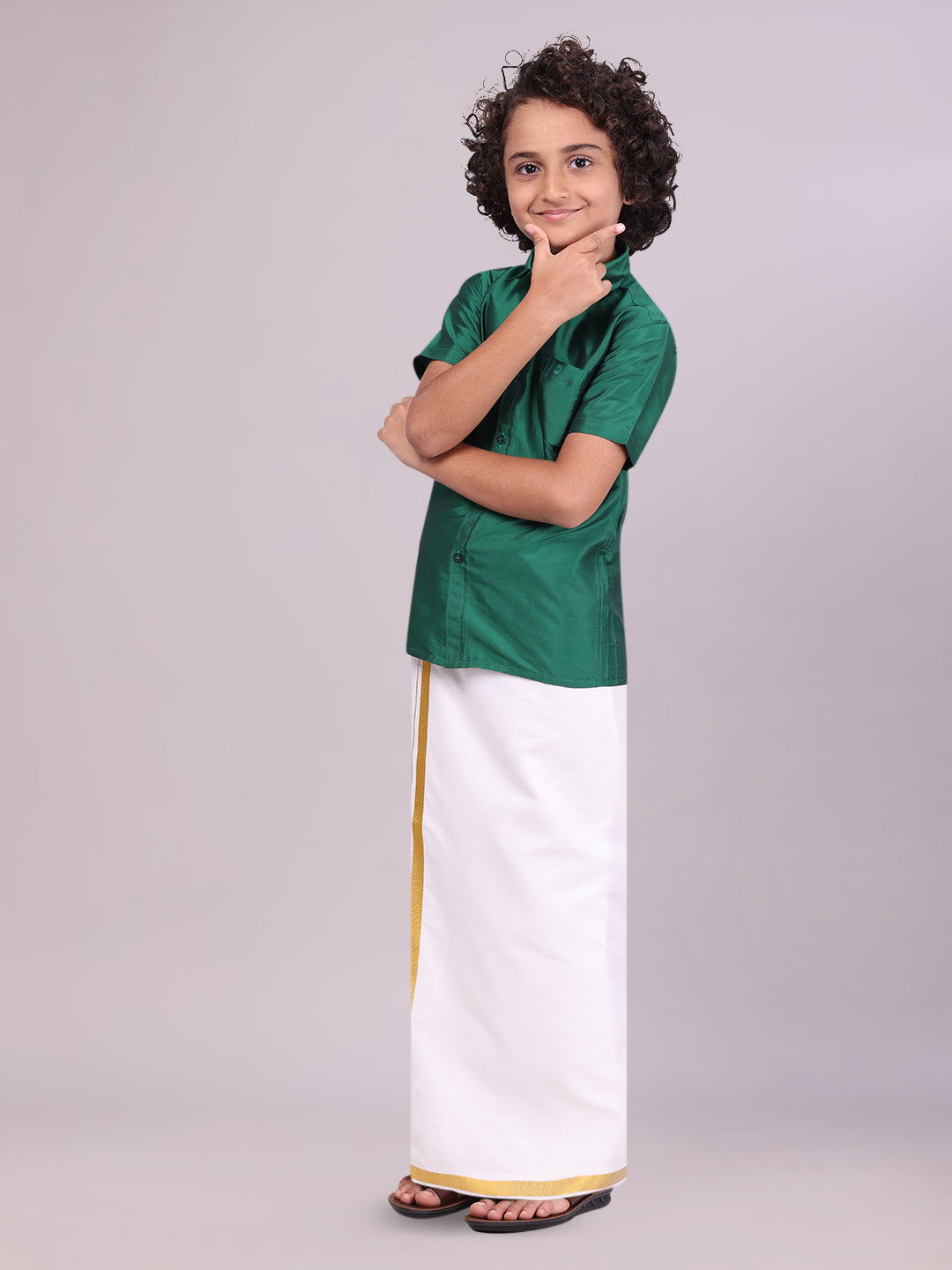 Boys Art Silk Green Half Sleeves Shirt with Gold Jari Flexi Dhoti Towel Combo side pose