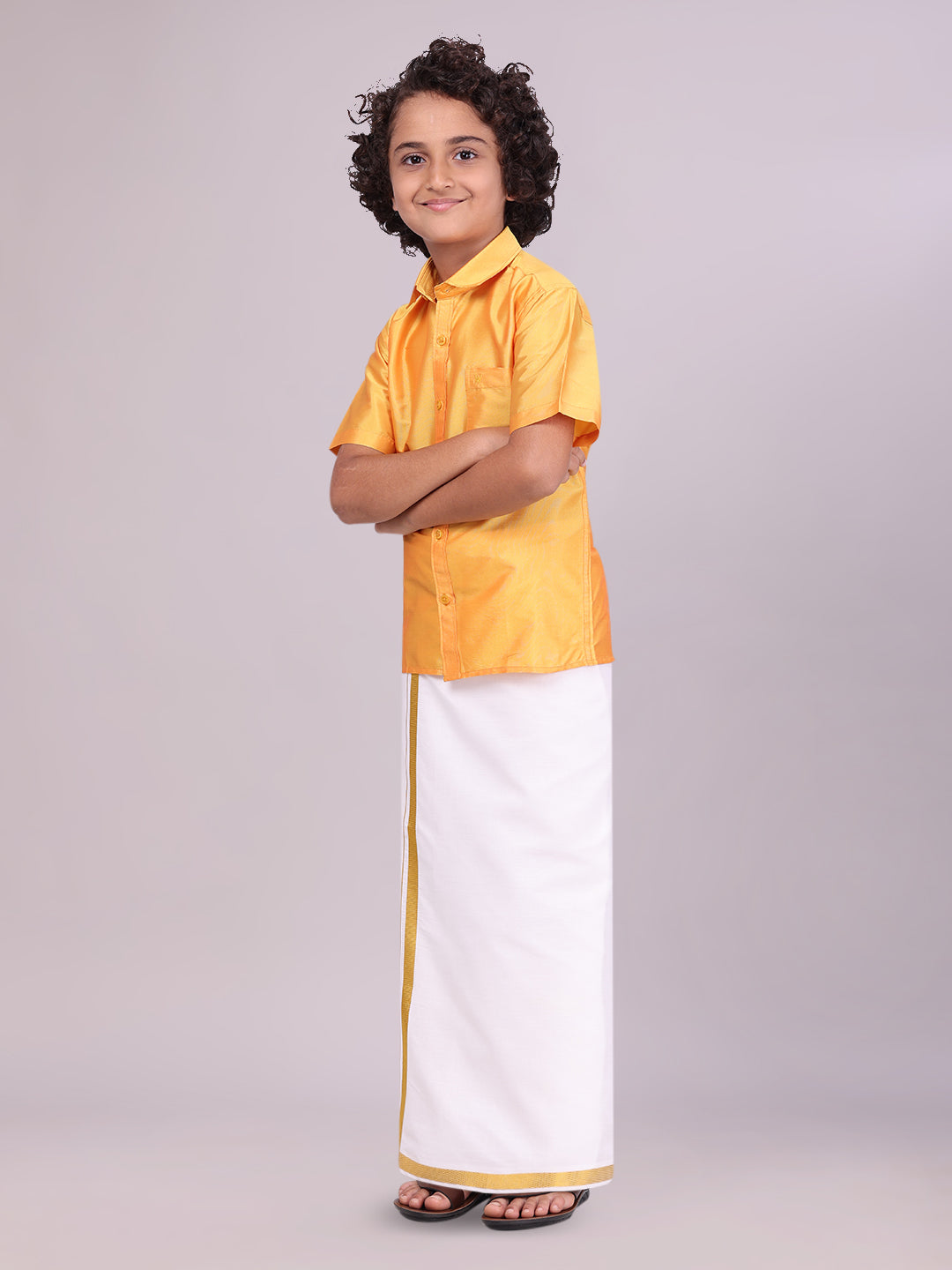 Boys Art Silk Golden Yellow Half Sleeves Shirt with Gold Jari Flexi Dhoti Towel Combo - side pose