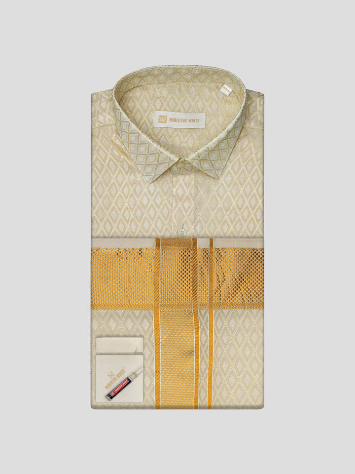 Mens Art Silk Cream Full Sleeves Shirt with 2 1/2"  Gold Jari Border & Towel Dhoti Combo Spruce