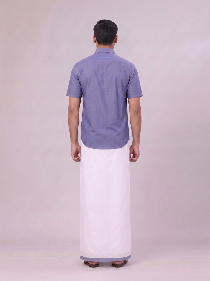 Men's Blue Color Shirt with Matching Border Dhoti Combo Casper