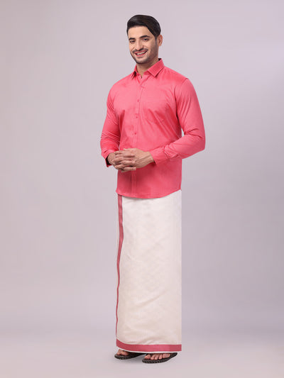 Men's Cotton Dark Pink Shirt and Airtex Matching Border Dhoti Combo Nector side pose